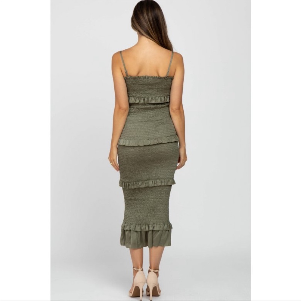 PinkBlush Mable Olive Green Smocked Ruffle Fitted Midi Dress - Picture 3 of 7